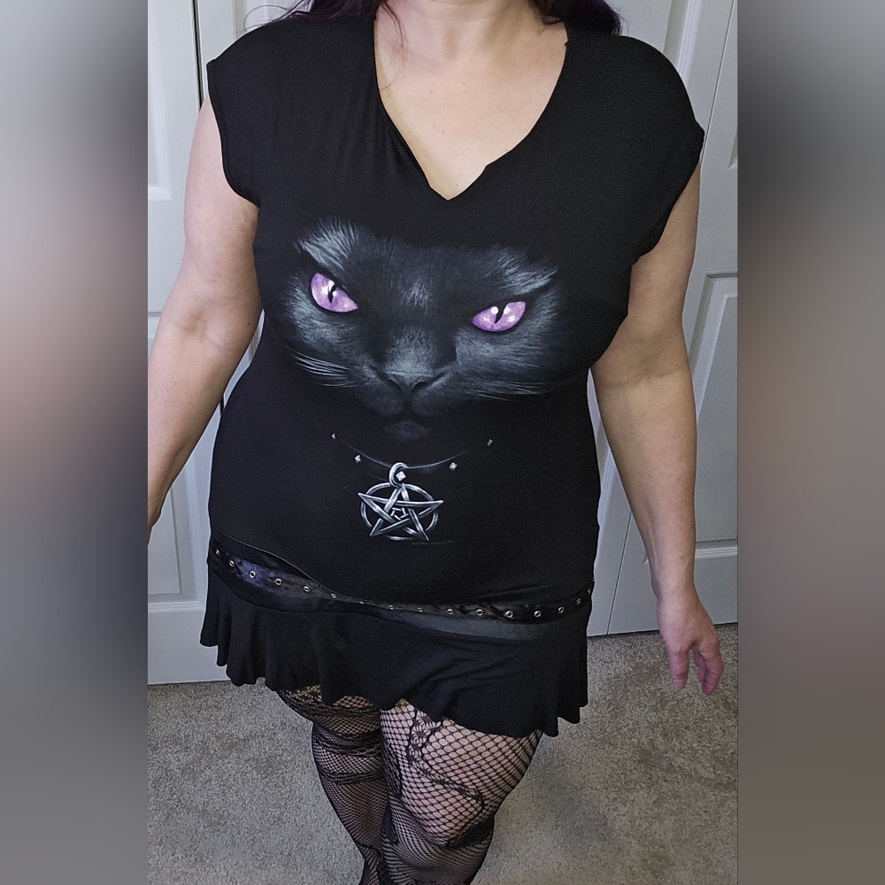 Gothic Black Cat Graphic Micro Mini Dress Slash Tunic Top with Purple Eyes L
